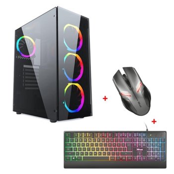 Кутия PowerCase JX188-10 в комплект с мишка Trust Ziva Gaming и клавиатура Trust Ziva, ATX/mATX/Mini-ITX, 1x USB 3.0, черна, прозорец, без захранване | JAR Computers PowerCase JX188-10 RGB + Ziva Gaming + Ziva Gaming