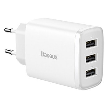 Зарядно устройство Baseus Compact (CCXJ020102), от контакт към 3x USB A(ж), бяло, 17W | JAR Computers Baseus Compact CCXJ020102