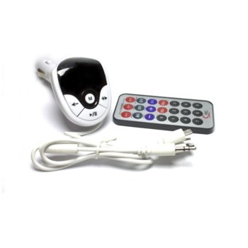 FM трансмитер DeTech, захранване от автомобилна запалка, с дистанционно, кабел 3.5мм жак/USB microB(м)/Lightning(м), бял | JAR Computers FM трансмитер с комплект кабели