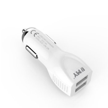 Зарядно устройство за кола EMY MY-112, от автомобилна запалка към към USB(2порта) тип-A(ж), 5V, 2.4A, бял, lightning fast charge технология за по-бързо зареждане image