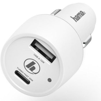 Зарядно за кола HAMA-183322, от авт. запалка към 1x USB A(ж)/1x USB C(ж), 12V/2.5A, бяло | JAR Computers Зарядно за кола HAMA-183322
