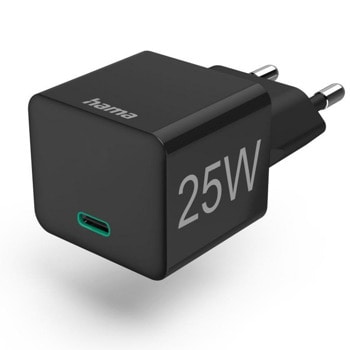 Зарядно устройство Hama Mini-Charger 201651, от контакт към USB-C(ж), Power Delivery, Quick Charge 2.0/3.0, 25W, черно | JAR Computers Hama Mini-Charger 201651