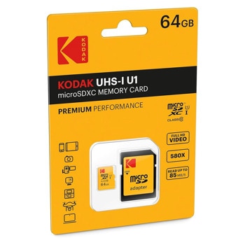 Карта памет 64GB microSDXC с адаптер, Kodak EKMSDM64GXC10K, Class 10, скорост на четене до 85 MB/s, скорост на запис до 25 MB/s | JAR Computers 64GB microSDXC Kodak EKMSDM64GXC10K