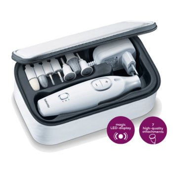 Комплект за маникюр / педикюр Beurer MP 42, LED светлина, 7 приставки, въртене в две посоки, регулируема скорост, калъфче, бял/сребрист | JAR Computers Beurer MP 42 Manicure / pedicure