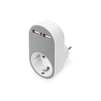 Разклонител Digitus DA-70617, 1 гнездо, 2x USB Type A, LED индикатор за USB, защита от претоварване и късо съединение, IP20 защита, бял | JAR Computers Digitus DA-70617