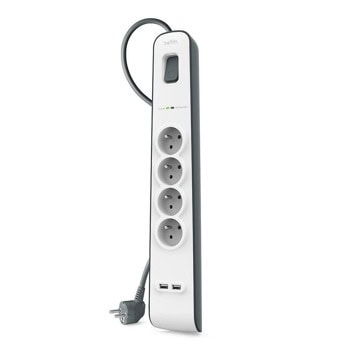 Разклонител Belkin BSV401ca2M, 4 гнезда, 2x USB, защита при напрежение, бутон за вкл./изкл., 2m, бял | JAR Computers Belkin BSV401ca2M