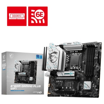 Дънна платка MSI B760M GAMING PLUS WIFI, B760, LGA1700, PCI-E 4.0 (DP&HDMI), 2x M.2, 4x SATA 6Gb/s, 2x USB 3.2 Gen 2 Type-A, 2x USB 3.2 Gen 1 Type-A, Wi-Fi 6E, Bluetooth 5.3, 2.5GbE LAN, Micro ATX | JAR Computers MSI B760M GAMING PLUS WIFI 911-7D99-017