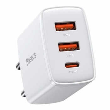 Зарядно устройство Baseus Compact Quick Wall Charger (CCXJ-E02), от контакт към 2x USB-A(ж)/ 1x USB-C(ж), 5-20V/1.5-3A, 30W, бяло | JAR Computers Baseus Compact Quick Wall Charger White CCXJ-E02