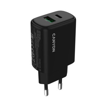 Зарядно устройство Canyon OnCharge 250, от контакт към 1x USB-C(ж), 1x USB-A(ж), 12V, черно, 25W, QC 3.0 | JAR Computers Canyon OnCharge 250 Black CNE-CHA250-31
