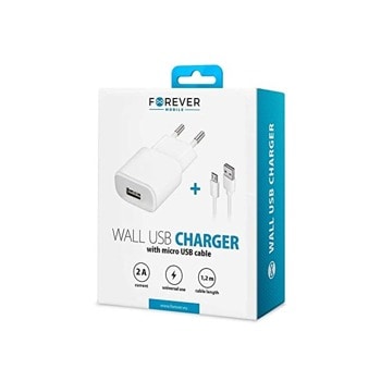 Зарядно за телефон Forever, от контакт към USB A(ж), 5V, 2A, USB A(м) към microUSB(м) кабел, бяло | JAR Computers Forever IT8577