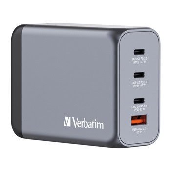 Зарядно устройство Verbatim GNC-200, от EU/UK/US към 3x USB C(ж), 1x USB A(ж), 20V/5A, сиво, 200W, QC 3.0 | JAR Computers Зарядно устройство Verbatim GNC-200 32204