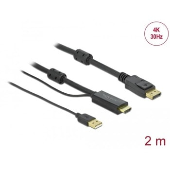 Кабел Delock 85964, от HDMI + USB-A(м) към DisplayPort(м), 4K@30Hz, 2m, черен | JAR Computers Кабел Delock 85964 HDMI(м) към DisplayPort + USB