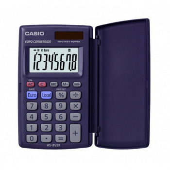 Калкулатор Casio HS-8VER, дисплей до 10 цифри, джобен, преобразуване на валута, тъмносин | JAR Computers Калкулатор Casio HS-8VER