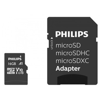 Карта памет 16GB microSDHC с адаптер, Philips FM16MP45B/00, Class 10 U1, V10, скорост на четене до 80MB/s, скорост на запис до 35MB/s | JAR Computers 16GB microSDHC с адаптер Philips FM16MP45B/00