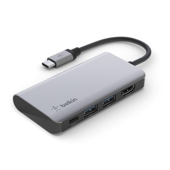 Докинг станция Belkin Connect 4-in-1 USB-C Multiport Hub PD, от USB C към 1x USB C, 2x USB A, 1x HDMI, сива | JAR Computers Belkin Connect 4-in-1 AVC006btSGY