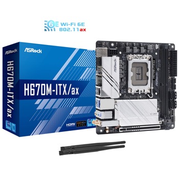 Дънна платка ASRock H670M-ITX/ax, H670, LGA 1700, DDR4, PCI-E 5.0, (DP&HDMI), 4x SATA 6Gb/s, 2x M.2, 2x USB 3.2 Gen2, mITX | JAR Computers ASROCK H670M-ITX/ax 90-MXBHZ0-A0UAYZ
