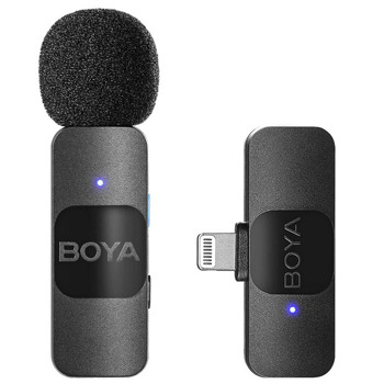 Безжична микрофонна система BOYA BY-V1, 1x микрофон, 1x предавател и 1x приемник, обхват до 50m, до 9 часа време на работа, с ревер, Lightning, черни | JAR Computers BOYA BY-V1