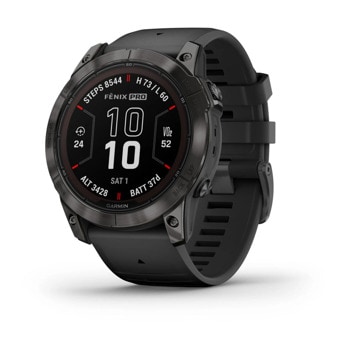 Смарт часовник Garmin fenix 7X Pro Sapphire Solar Edition, Carbon Grey DLC Titanium, 1.4"(35.56 mm) Power Sapphire дисплей, 32GB, водоустойчивост, до 37 дни време на работа, соларно зареждане, GPS, компас, Carbon Grey DLC Titanium с Black каишка | JAR Computers Garmin fenix 7X Pro Sapphire Solar Carbon Grey Tit