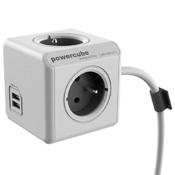 Разклонител Allocacoc PowerCube 1402GY, 4x гнезда, 2x USB, 1.5 m, черно-бял | JAR Computers Allocacoc PowerCube 1402GY