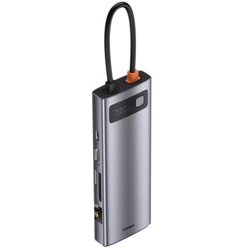USB Хъб Baseus USB-C Metal Gleam Series 9-in-1 Hub (CAHUB-CU0G), 8 порта, 1x USB-C(ж), 3x USB-A(ж), 1x HDMI(ж), 1x VGA(ж), 1x SD/microSD четец на карти, 1x RJ45, тъмносив image