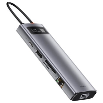 Докинг станция Baseus USB-C Metal Gleam Series 9-in-1 Hub (CAHUB-CU0G), от USB C към 1x USB C, 3x USB A, 1x HDMI, 1x VGA, 1x RJ45, 1x SD/MicroSD четец на карти, тъмносива | JAR Computers Baseus USB-C Metal Gleam Series 9-in-1 CAHUB-CU0G