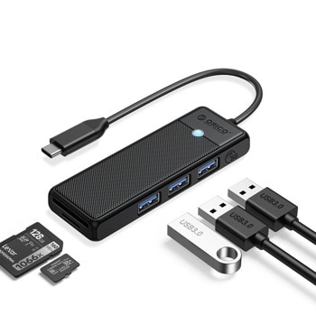 USB Хъб Orico PAPW3AT-C3-015-BK, 5 порта, от USB Type-C към 3x USB 3.0, слот за MicroSD карта, слот за SD карта, черен | JAR Computers USB хъб Orico USB 3.1 Type C to 3 x USB 3.0 SD TF
