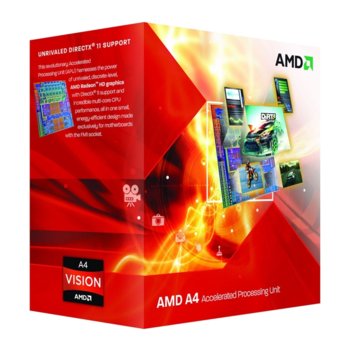 Процесор AMD A4 3300, двуядрен (2.5GHz, 1MB Cache, 443MHz графична честота, 65W, FM1)