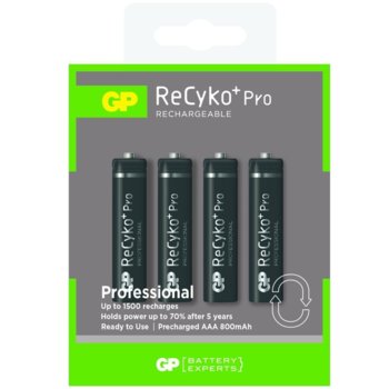 Акумулаторна батерия GP Batteries R03, AAA, 800mAh, 1.2V, RECYKO, NiMH, 4 бр. | JAR Computers GP-BR-R03-800-RECY-4PK-PRO