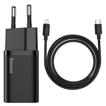 Зарядно устройство Baseus Super Si USB-C PD Wall Charger 20W (TZCCSUP-B01), от контакт към USB C(ж), черно | JAR Computers Baseus Super Si USB-C PD Wall Charger 20W