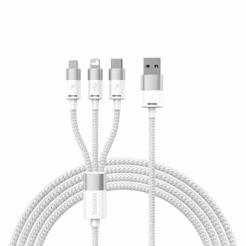 Кабел Baseus, от USB A (м) към 1x USB C (м), 1x Lightning (м), 1x MicroUSB B (м), 1.2m, 20W, бял | JAR Computers Baseus StarSpeed USB CAXS000002