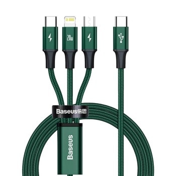 Кабел Baseus Rapid 3-in-1 USB Cable (CAMLT-SC06), от USB-C(м) към USB-C/Lightning/microUSB(м), 1.5m, 15W, зелен | JAR Computers Baseus Rapid 3-in-1 USB Cable CAMLT-SC06