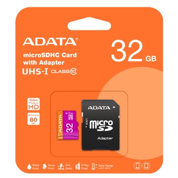 Карта памет 32GB microSDHC с адаптер, A-Data Premier AUSDH32GUICL10-RA1, Class 10 UHS-I, скорост на четене 80MB/s, скорост на запис 10MB/s | JAR Computers Adata 32GB MicroSDHC UHS-I CLASS 10 (1 adapter)
