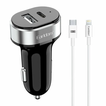 Зарядно устройство Earldom ES-CC14, за кола, от автомобилна запалка към 1x USB-C(ж), 1x USB-A(ж), черно, кабел от USB-C(м) към Lightning(м) | JAR Computers Earldom ES-CC14 40355