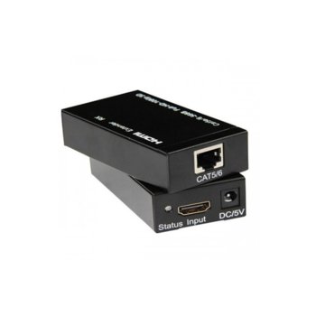 Екстендър, от HDMI(ж) към HDMI(ж) чрез Cat5/6 пач кабел, до 60м, 2 устройства | JAR Computers Extender HDMI - RJ45 Cat 5/6