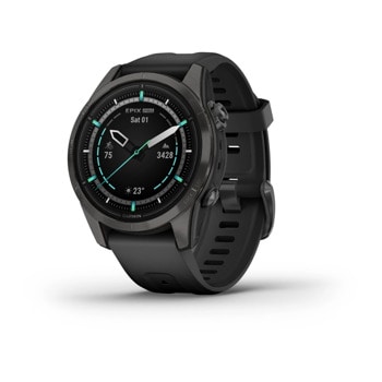 Смарт часовник Garmin epix Pro (Gen 2) Sapphire Edition, Carbon Grey DLC Titanium, 42 mm, 1.2" (3.05 mm) AMOLED дисплей, 32GB, водоустойчивост, до 31 дни време на работа, GPS, компас, Carbon Grey DLC Titanium с Black каишка | JAR Computers Garmin epix Pro (Gen 2) Sapphire 42 Carbon Grey с