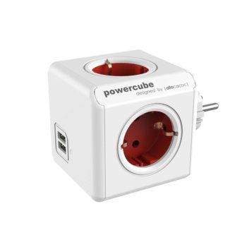 Разклонител Allocacoc Power Cube 1202RD, 4 гнезда, 2x USB, защита от деца, бял/червен image