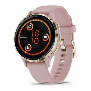 Смарт часовник Garmin Venu 3S, 1.2" (3.04cm) AMOLED дисплей, до 10 дни време на работа, 5ATM, Bluetooth, ANT+, Wi-Fi, GPS, пулсомер, следене на съня, златист безел с розов корпус | JAR Computers Garmin Venu 3S Gold with Dust Rose 010-02785-03