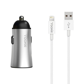 Зарядно за кола Yookie PC1, от автомобилна запалка към 2x USB A(ж), 5V, 2.4A, Lightning кабел, различни цветове | JAR Computers Yookie PC1 40135