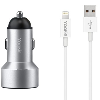 Зарядно устройство за кола Yookie PC3, от автомобилна запалка към 2x USB(ж), 5V, 2.4A, Lightning кабел, различни цветове | JAR Computers Yookie PC3 40141