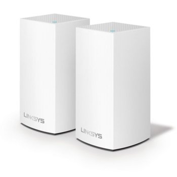 Wi-Fi система(2x бр.) Linksys Velop Intelligent Mesh WHW0102, 1300Mbps, 2.4GHz(400Mbps)/5GHz(867Mbps), Wireless AC, 1x LAN1000, 1x WAN1000, 3x вътрешни антени, 256MB Flash памет, 256MB RAM, Bluetooth 4.0 | JAR Computers Linksys Velop Intelligent Mesh WiFi System WHW0102