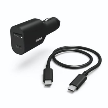 Зарядно устройство Hama 54177, от автомобилна запалка към 1x USB A(ж) и 1x USB C(ж), с кабел от USB C(м) към USB C(м), 5-20V/2A, черно | JAR Computers Hama 54177