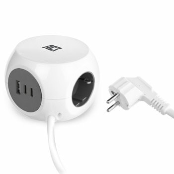 Разклонител ACT AC2420, 3 гнезда, тип "куб", 2x USB-C/1x USB-A, 1.5m кабел, бял | JAR Computers ACT AC2420