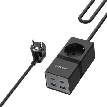 Разклонител Earldom ES-SC21, 1 гнездо, 2x USB-C, 2x USB-A, 1m кабел, черен | JAR Computers Earldom ES-SC21
