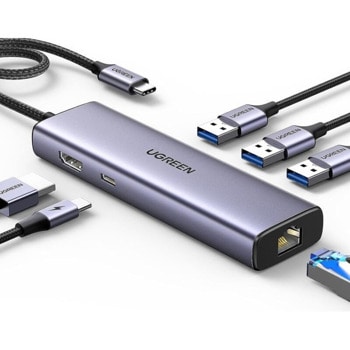 Докинг станция Ugreen CM512, от USB-C към 1x USB-C(PD), 3x USB-A, 1x HDMI, 1x RJ45, сива | JAR Computers Докинг станция Ugreen CM512 15598