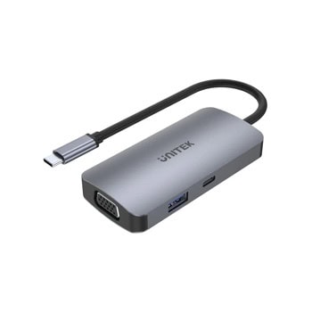 Докинг станция Unitek D1051A, от USB-C към 1x USB-C(PD), 1x USB-A, 2x HDMI, 1x VGA, сива | JAR Computers Unitek D1051A