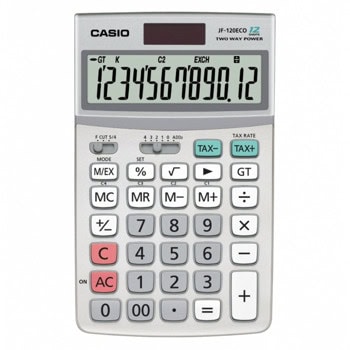 Калкулатор Casio JF-120 ECO, 12 разряден дисплей, настолен, с двойно захранване, tax range, корен квадратен, пресмятане на процент, сив | JAR Computers Casio JF-120 ECO