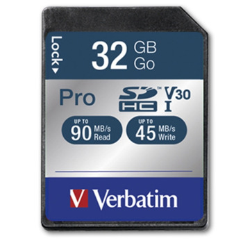 Карта памет 32GB SDHC, Verbatim Pro, Class 10 UHS-I U3, скорост на четене 90MB/s, скорост на запис 45MB/s | JAR Computers Verbatim 32GB SDHC Pro Class 10 UHS I 47021