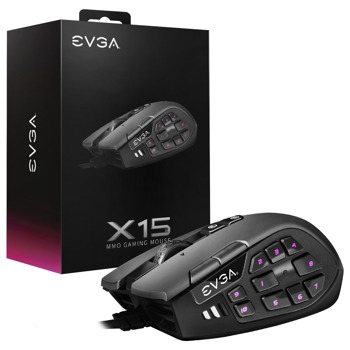 Мишка Evga X15 MMO, оптична (16 000 dpi), RGB подсветка, 20 бутона, USB, черна image