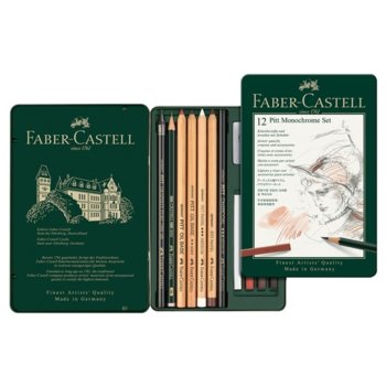 Моливи Faber-Castell Pitt Monochrome, чернографитни, различни цветове, 12 бр, метална кутия | JAR Computers Faber-Castell Pitt Monochrome 12 бр метална кутия