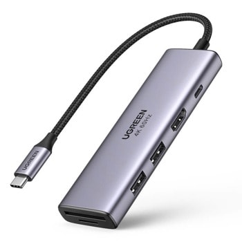 Докинг станция Ugreen, 6-in-1 USB-C Hub 4K 60Hz, от USB C към 1x USB C(PD), 2x USB A, 1x HDMI, 1x SD/MicroSD четец на карти, тъмносив | JAR Computers Докинг станция Ugreen 6-in-1 USB-C Hub 4K 60Hz